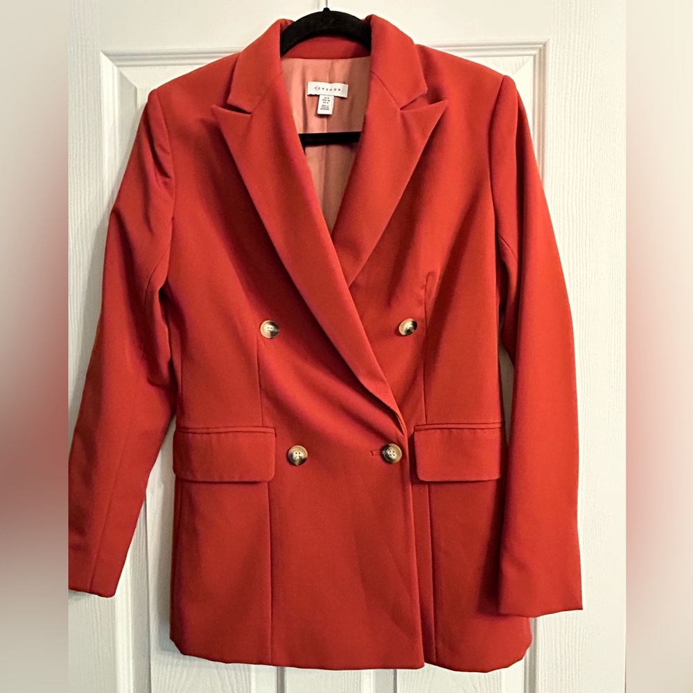 TopShop Double Breasted Red Rust/Brick Blazer with Grey Collar Detail